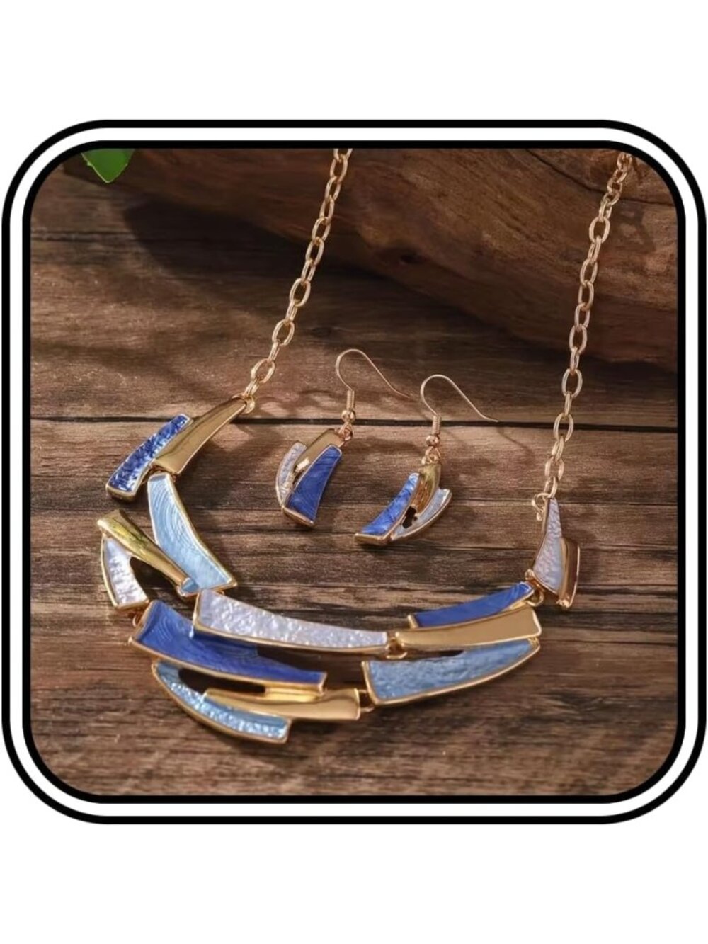 Boho Geometric Chunky Jewelry Set - Blue Enamel Gold Necklace & Earrings